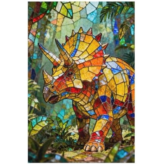 500 Piece Puzzle for Adults, Stained Glass Dinosaur Jigsaw Puzzle, Colorful Triceratops Artwork, DIY Home Wall Decor, Brain-Challenging Family Game, Relaxing Puzzle Display