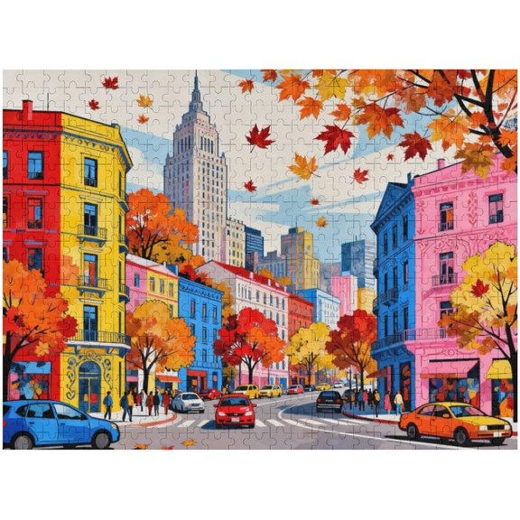 500 Piece Puzzle for Adults Town in Autumn Street Puzzle Recycled Cardboard Fall City Landscape Jigsaw Puzzle 500 Pieces Challenging Game Home Decor Birthday Party Gift for Adults Seniors