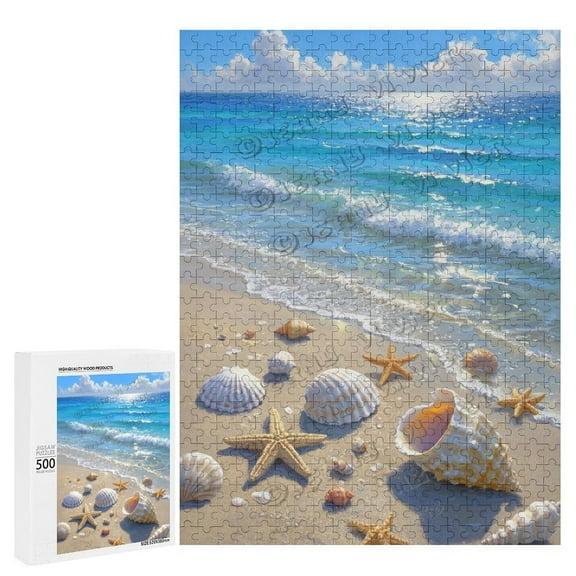 500 Piece Puzzle, Beach And Seashells Theme, Wooden Jigsaw, Challenging Puzzle for Adults and Families