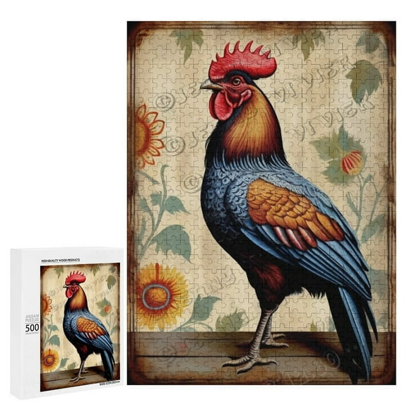 500 Piece Puzzle – Vintage Rooster with Farm Decor | Fun Puzzle for Chicken Lovers | Relaxing Activity for Family Fun