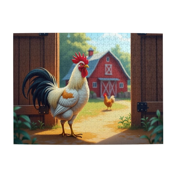 500 Piece Rooster In Barnyard Jigsaw Puzzle For Adults Farm Animals Countryside Scene Challenging & Relaxing Puzzle Game Great Gift Idea Barnyard Rooster By Open Gate 20.5X15In