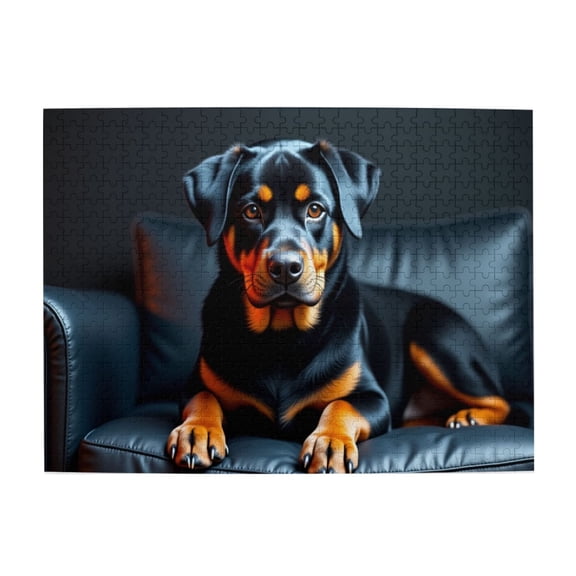 500 Piece Rottweiler On Leather Couch Jigsaw Puzzle For Adults Relaxing & Challenging Brain Teaser Unique Artwork Great Gift Idea Dog Animal Pet 20.5X15In