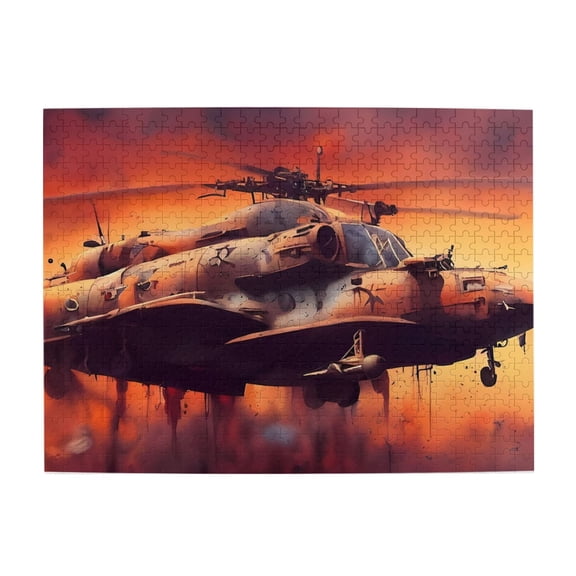 500 Piece Rugged Military Helicopter Jigsaw Puzzle For Adults Intense Fiery Sunset Artwork, Challenging Wooden Game, Relaxing Brain Exercise, Great Gift Idea & Home Decor