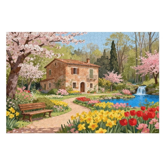 500 Piece Serene Tulip Garden & Spring Cottage Puzzle for Adults Challenging Jigsaw, Home Decor, Stress Relief, Family Fun