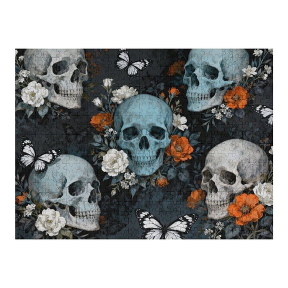 500 Piece Skull Jigsaw Puzzle for Adults, Vintage Halloween Skeleton with Flowers and Butterflies, Gothic Art Puzzle, Unique Challenging Horror Theme for Adults 20.5x15 in