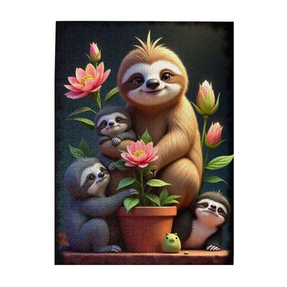 500 Piece Sloth Family Jigsaw Puzzle For Adults Charming Sloths With Flowers Relaxing And Challenging Puzzle Game Unique Artwork Fun Home Decor Great Gift Idea