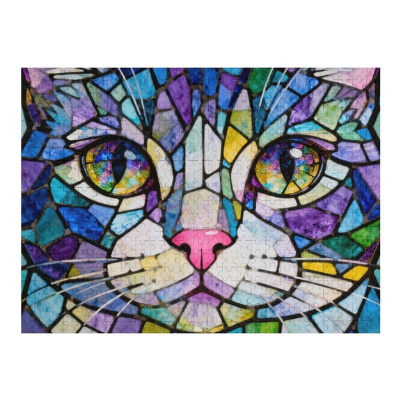 500 Piece Stained Glass Cat Jigsaw Puzzle for Adults, Cute Kitty Mosaic Art Design, Bright Colorful Animal Puzzle, Relaxing Family Game and Unique Home Wall Decor 20.5x15 in