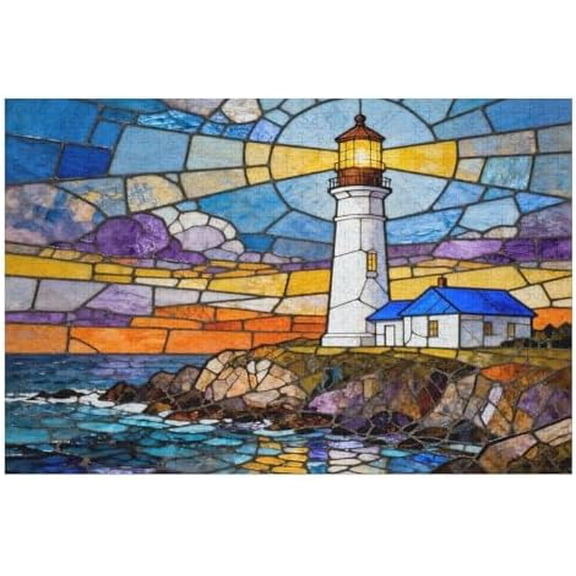 500 Piece Stained Glass Lighthouse Colorful Hard Challenging Puzzle for Adults – DIY Home Decor, Interactive, Fun Family Game, Unique Art