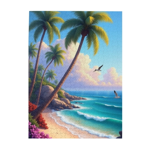 500 Piece Tropical Beach Jigsaw Puzzle For Adults Relaxing Ocean & Palm Trees Scene Challenging Adult Puzzle Game Home Decor Gift Idea