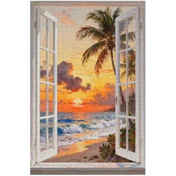 500 Piece Tropical Sunset Beach View Through Open Window Puzzle for Adults – Palm Tree & Ocean Waves, Relaxing Coastal Landscape, Stress Relief