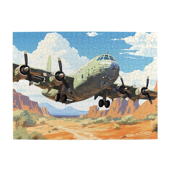 500 Piece Vibrant Military Transport Plane Jigsaw Puzzle For Adults Challenging Desert Canyon Flight Artwork, Relaxing Wooden Brain Game, Ideal Gift & Home Decor