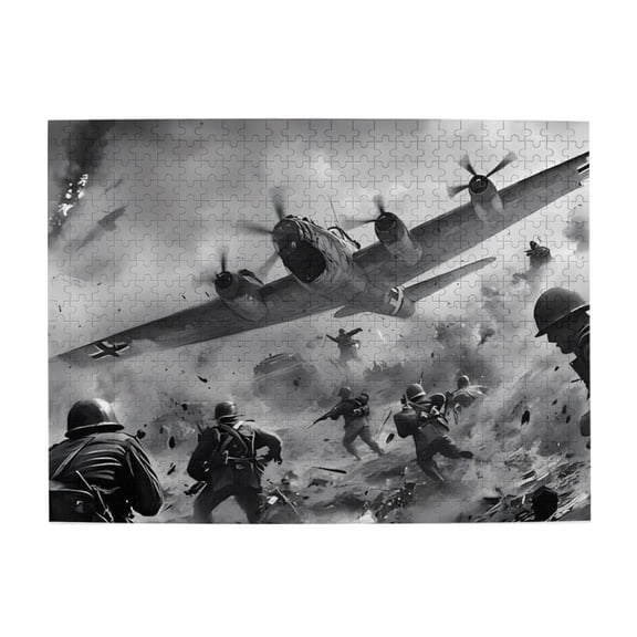 500 Piece WWII Military Battle Jigsaw Puzzle For Adults – Dramatic Grayscale Bomber & Soldiers, Challenging, Relaxing Brain Exercise, Unique Gift, Home Decor