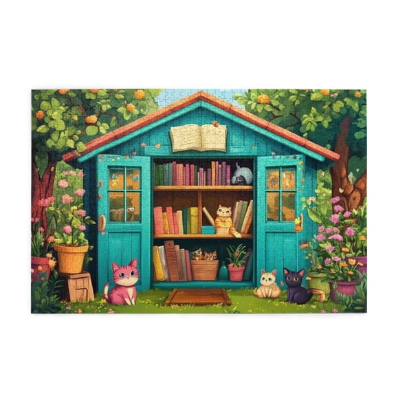 500 Piece Whimsical Cat Bookshelf Jigsaw Puzzle For Adults – Vibrant Garden Art, Challenging & Relaxing Brain Exercise, Stress Relief, Great Gift Idea, Home Decor