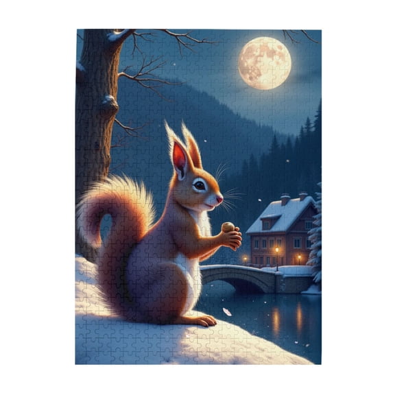 500 Piece Winter Squirrel Jigsaw Puzzle For Adults Charming Night Scene 500 Pieces Adult Puzzles Challenging & Relaxing Brain Teaser Fun Home Decor Great Gift Idea
