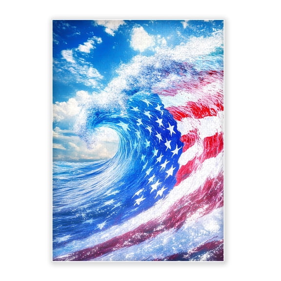 500-Piece Wood Jigsaw Puzzle, American Flag Shaped Giant Ocean Wave Splash Blue Sky White Cloud Patriotic Landscape Art, High-Difficulty USA Themed Eco-Friendly Home Wall Decor