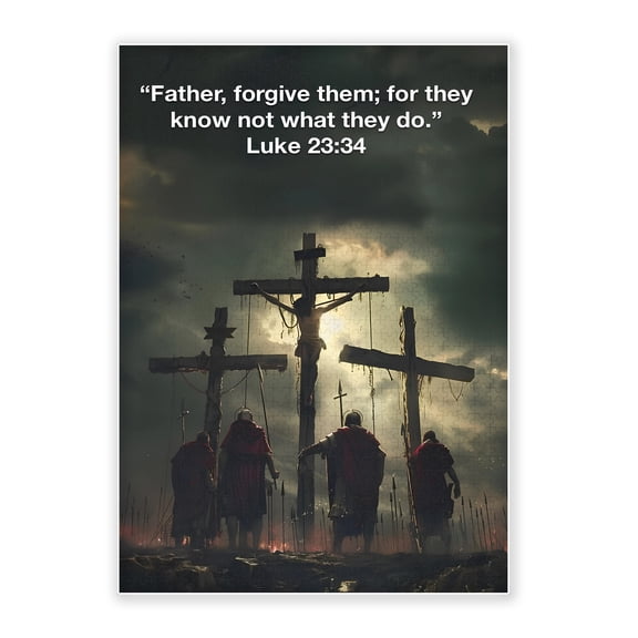 500-Piece Wood Jigsaw Puzzle, Calvary Three Crosses Luke 23:34 Bible Verse Crucifixion Christian Religious Art, High-Difficulty, Family Activity, Home Wall Decor, Eco-Friendly, 20.5×15in