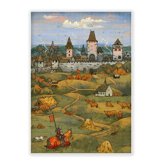 500-Piece Wood Jigsaw Puzzle, Cozy Storybook Medieval Castle Village With Knight On Horse Autumn Countryside Watercolor Illustration, Art Puzzles For Adults, Eco-Friendly Home Decor, 20.5x15in