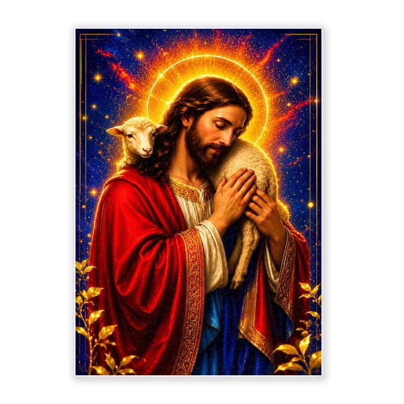 500-Piece Wood Jigsaw Puzzle, Good Shepherd Jesus Holding White Lamb Glowing Halo Starry Nebula Sky Art, religious puzzles, jesus puzzles for adults, High-Difficulty Eco-Friendly Home Wall Decor
