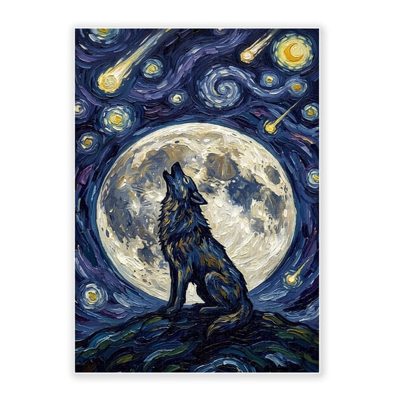 500-Piece Wood Jigsaw Puzzle, Howling Wolf Full Moon Van Gogh Starry Night Comet Swirl Sky Impasto Oil Art, High-Difficulty Wildlife Eco-Friendly Home Wall Decor