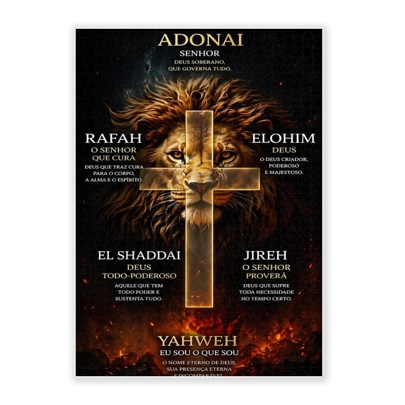 500-Piece Wood Jigsaw Puzzle, Lion Of Judah Glowing Cross Portuguese Bible Names Fiery Dark Background Art, religious puzzles, jesus puzzles for adults, High-Difficulty Eco-Friendly Home Wall Decor