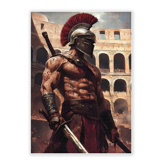 500-Piece Wood Jigsaw Puzzle, Muscular Roman Gladiator Red Plume Helmet Colosseum Ruins Grunge Oil Art, High-Difficulty Ancient Warrior Eco-Friendly Home Wall Decor