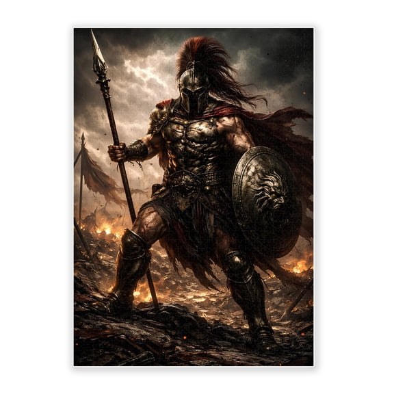 500-Piece Wood Jigsaw Puzzle, Spartan Warrior With Spear & Lion Shield Burning Battlefield Dark Storm Sky Oil Art, High-Difficulty Ancient Warrior Eco-Friendly Home Wall Decor