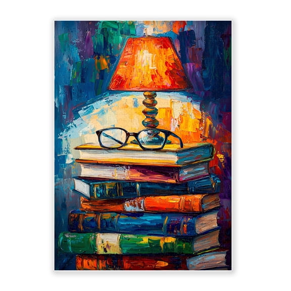 500-Piece Wood Jigsaw Puzzle, Stack Vintage Books Table Lamp Eyeglasses Thick Impasto Colorful Palette Knife Oil Art, High-Difficulty Book Theme Eco-Friendly Home Wall Decor