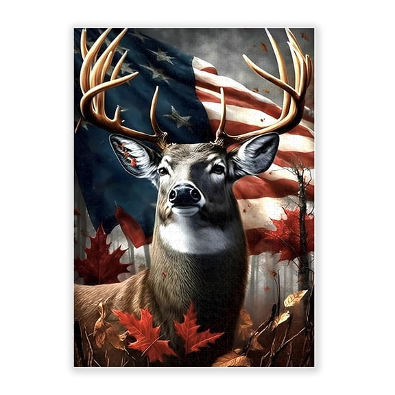 500-Piece Wood Jigsaw Puzzle, Whitetail Deer Big Antler American Flag Red Maple Leaf Autumn Forest Realistic Art, High-Difficulty Wildlife Patriotic Eco-Friendly Home Wall Decor