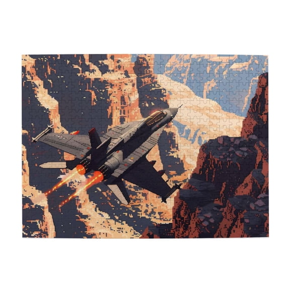 500 Piece Wooden Fighter Jet Jigsaw Puzzle For Adults – Vibrant Pixel Art Canyon Artwork, Challenging & Relaxing Brain Exercise, Great Gift Idea, Home Decor