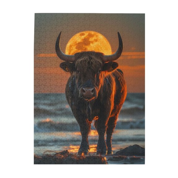 500-Piece Wooden Jigsaw Puzzle for Adults - Bull Horns Seashore Sunset , Fun & Relaxing Family Game, No-Dust Interlocking Pieces, Perfect Wall Decor & Holiday Gift