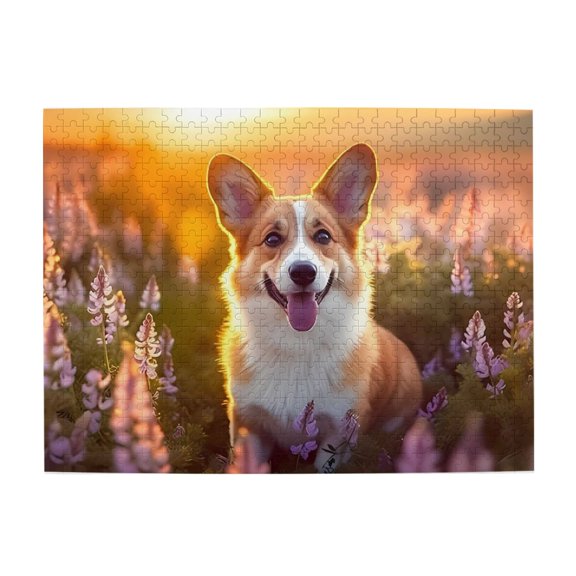 500-Piece Wooden Jigsaw Puzzle for Adults - Corgi Puppy Flowers Sunrise , Fun & Relaxing Family Game, No-Dust Interlocking Pieces, Perfect Wall Decor & Holiday Gift