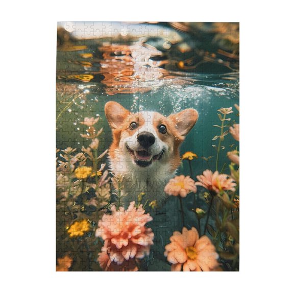 500-Piece Wooden Jigsaw Puzzle for Adults - Corgis Flowers Bubbles Underwater , Fun & Relaxing Family Game, No-Dust Interlocking Pieces, Perfect Wall Decor & Holiday Gift