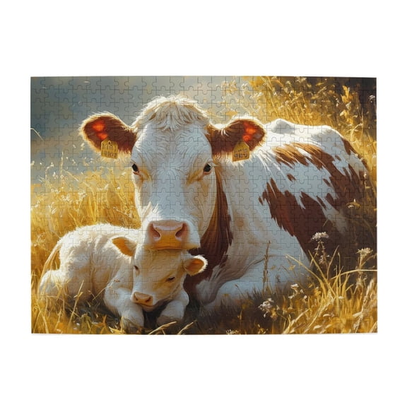 500-Piece Wooden Jigsaw Puzzle for Adults - Cow And Calf Golden Meadow , Fun & Relaxing Family Game, No-Dust Interlocking Pieces, Perfect Wall Decor & Holiday Gift