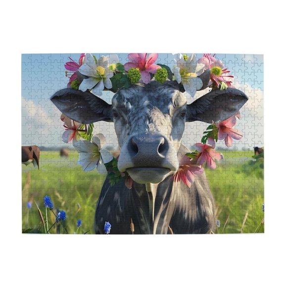 500-Piece Wooden Jigsaw Puzzle for Adults - Cow Flower Crown Meadow , Fun & Relaxing Family Game, No-Dust Interlocking Pieces, Perfect Wall Decor & Holiday Gift