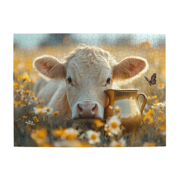 500-Piece Wooden Jigsaw Puzzle for Adults - Cow In Meadow With Butterflies , Fun & Relaxing Family Game, No-Dust Interlocking Pieces, Perfect Wall Decor & Holiday Gift