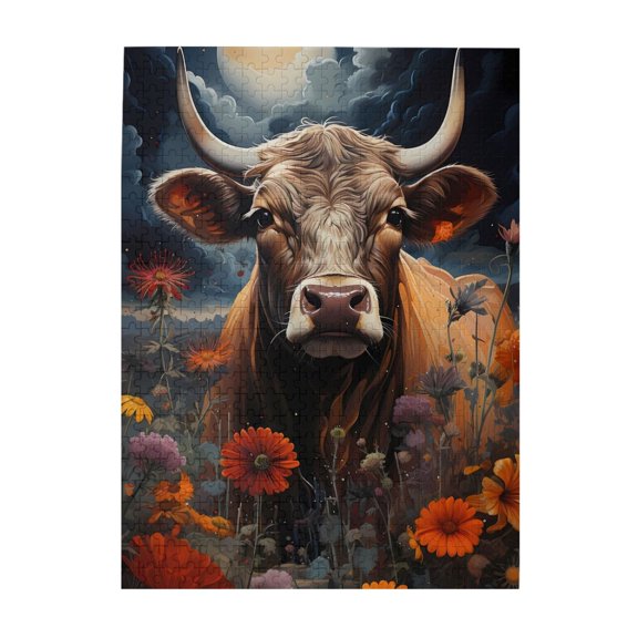 Bull Moon Clouds Flowers 500-Piece Wooden Jigsaw Puzzle for Adults, Fun & Challenging Family Game, Stylish Wall Decor & Holiday Gift