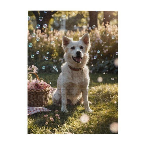 500-Piece Wooden Jigsaw Puzzle for Adults - Dog Bubbles Basket Flowers Lawn , Fun & Relaxing Family Game, No-Dust Interlocking Pieces, Perfect Wall Decor & Holiday Gift