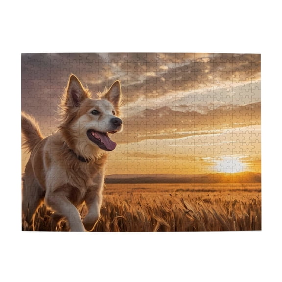 500-Piece Wooden Jigsaw Puzzle for Adults - Dog Running Golden Field Sunset , Fun & Relaxing Family Game, No-Dust Interlocking Pieces, Perfect Wall Decor & Holiday Gift