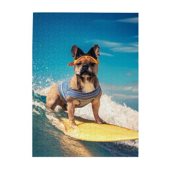 500-Piece Wooden Jigsaw Puzzle for Adults - French Bulldog Ocean Wave Rider , Fun & Relaxing Interlocking No-Dust Puzzle for Family, Home Decor & Holiday Gifts