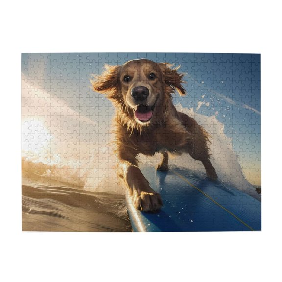 500-Piece Wooden Jigsaw Puzzle for Adults - Golden Retriever Surfing Wave , Fun & Relaxing Family Game, No-Dust Interlocking Pieces, Perfect Wall Decor & Holiday Gift