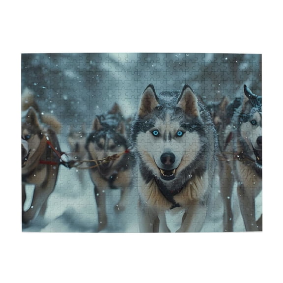 500-Piece Wooden Jigsaw Puzzle for Adults - Husky Dogs Snow Run , Fun & Relaxing Family Game, No-Dust Interlocking Pieces, Perfect Wall Decor & Holiday Gift