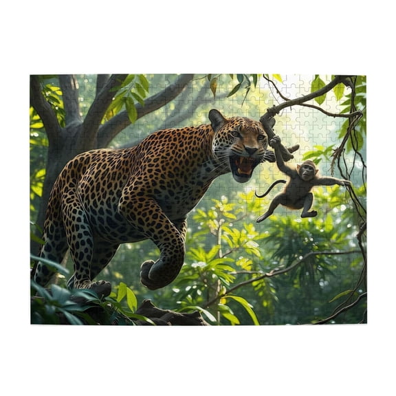 500-Piece Wooden Jigsaw Puzzle for Adults - Jaguarss And Monkey Jungle , Fun & Relaxing Interlocking No-Dust Puzzle for Family, Home Decor & Holiday Gifts