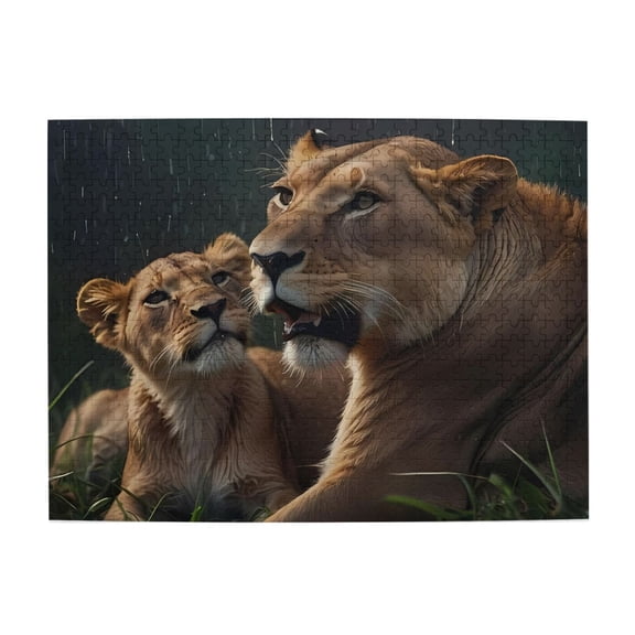 500-Piece Wooden Jigsaw Puzzle for Adults - Lioness And Cub Rain , Fun & Relaxing Family Game, No-Dust Interlocking Pieces, Perfect Wall Decor & Holiday Gift