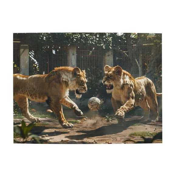 500-Piece Wooden Jigsaw Puzzle for Adults - Lions Playing FootballssS Aggressively , Interlocking Pieces with Guide Letters, Holiday Gift & Home Decor