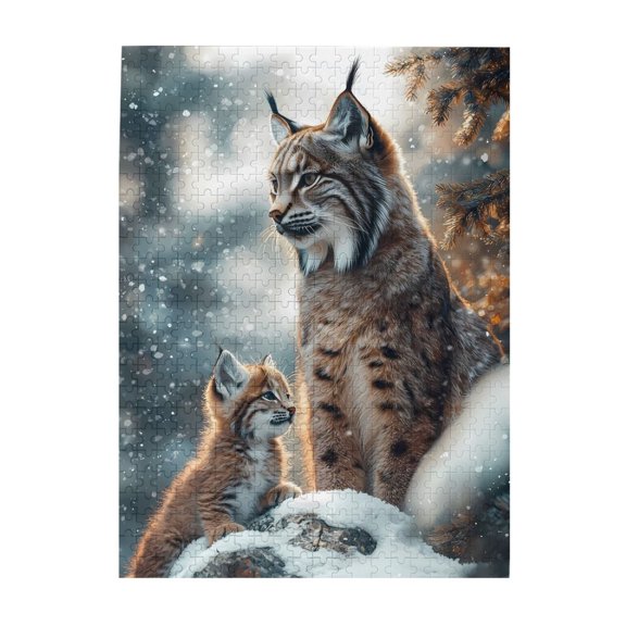 500-Piece Wooden Jigsaw Puzzle for Adults - Lynx Cub Winter Snow Forest , Fun & Relaxing Interlocking No-Dust Puzzle for Family, Home Decor & Holiday Gifts