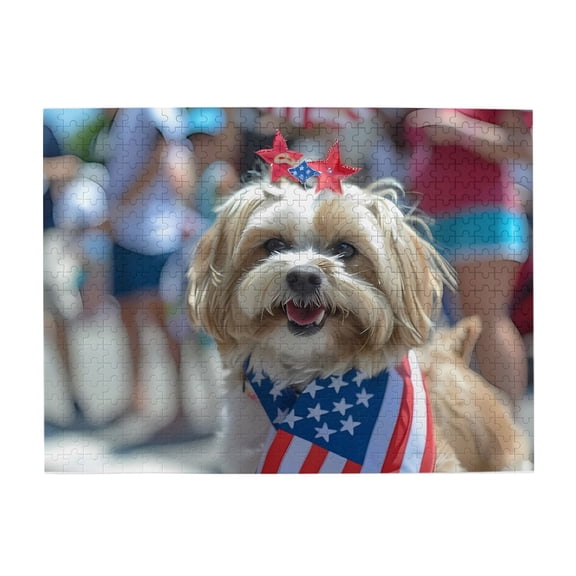 500-Piece Wooden Jigsaw Puzzle for Adults - Patriotic Dog Usa Flag Stars , Fun & Relaxing Family Game, No-Dust Interlocking Pieces, Perfect Wall Decor & Holiday Gift