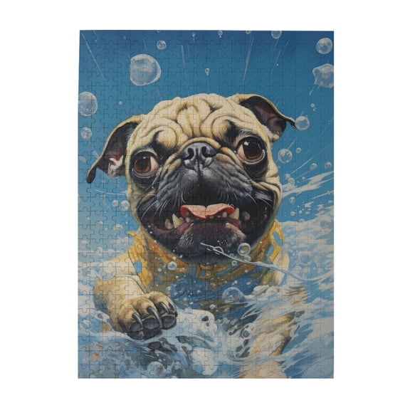 500-Piece Wooden Jigsaw Puzzle for Adults - Pug Swimming Water Bubbles , Fun & Relaxing Family Game, No-Dust Interlocking Pieces, Perfect Wall Decor & Holiday Gift