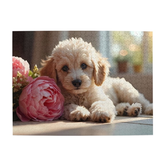 500-Piece Wooden Jigsaw Puzzle for Adults - Puppy Pink Peonies Indoor , Fun & Relaxing Interlocking No-Dust Puzzle for Family, Home Decor & Holiday Gifts