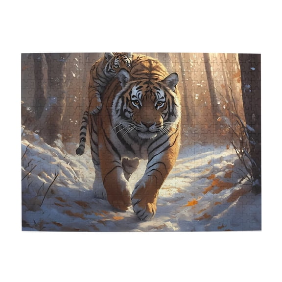 500-Piece Wooden Jigsaw Puzzle for Adults - Tiger Cub Ride In Snow Forest , Fun & Relaxing Family Game, No-Dust Interlocking Pieces, Perfect Wall Decor & Holiday Gift