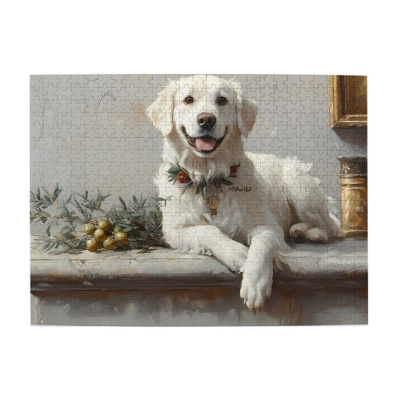 500-Piece Wooden Jigsaw Puzzle for Adults - White Dog Flower Collar Olive Branch , Fun & Relaxing Interlocking No-Dust Puzzle for Family, Home Decor & Holiday Gifts